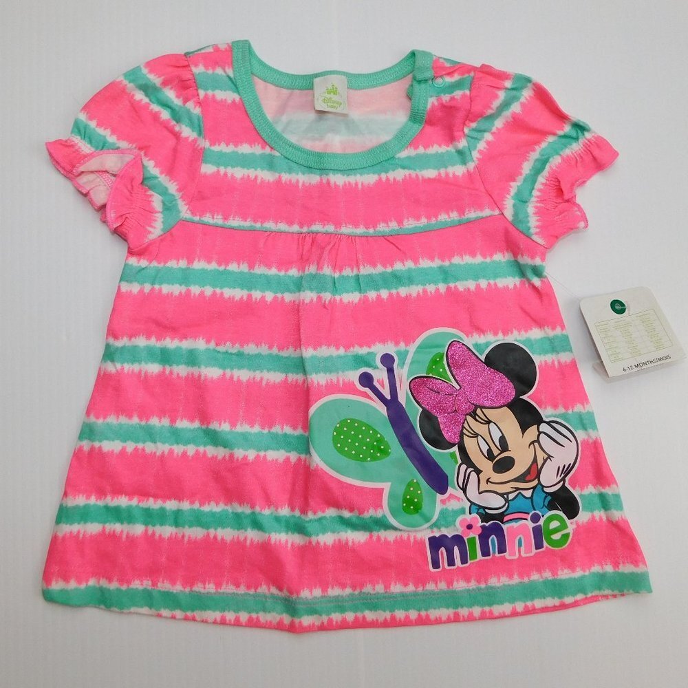 Disney Minnie Mouse Baby Girl 6-9 Month Shirt NEW Blue Pink Strip Butterfly